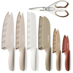 several different types of knives and scissors on a white background