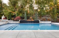 an empty pool surrounded by trees with lights strung from it's sides and a fire pit in the middle