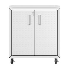 a white cabinet with two doors and wheels on the front, against a white background