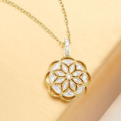 Ross-Simons - .25ct t. w. Diamond Flower Pendant Necklace Over Sterling. 18". One word, breathtaking! Dazzling .25 ct. t. w. diamonds bedeck the elegant flower setting, creating a complex, vintage-inspired design. Crafted in polished 18kt yellow gold over sterling silver and suspends from a rope chain. The perfect pendant necklace for a touch of Old World charm. Springring clasp, diamond flower pendant necklace. Diamond birthstones are the perfect gift for April birthdays. Formal Flower Shaped Jewelry With Pave Setting, Yellow Gold Diamond Necklace In Flower Shape, Diamond Necklace With Flower Shape And Diamond Accents, Yellow Gold Diamond Necklace With Flower Accents, Diamond Flower-shaped Necklace With Diamond Accents, Flower Shaped Diamond Necklace With Single Cut Diamonds, Flower-shaped Diamond Necklace With Single Cut Diamonds, Yellow Gold Diamond Necklace In Flower Shape For Anniversary, Formal Flower-shaped Jewelry With Pave Setting