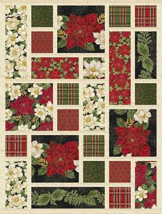 a christmas quilt with poinsettis and flowers on the front, along with plaid fabric