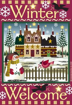 a christmas card with a snowman and two birds in front of a snowy house