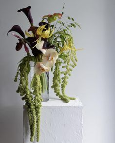 a vase filled with flowers on top of a white block