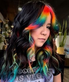 Rainbow Hair Front Pieces, Blonde Hair With Rainbow Money Piece, Rainbow Black Hair, Rainbow Halo Hair, Black Hair With Rainbow, Halo Colored Hair, Black Rainbow Hair, Rainbow Money Piece Hair, Blonde And Rainbow Hair