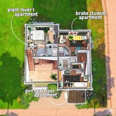 an aerial view of a house with the floor plan labeled