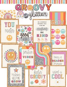 a collage of greeting cards with the words grooy glitter on them