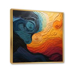 an abstract painting with wavy lines and swirls in yellow, blue, red, orange and black