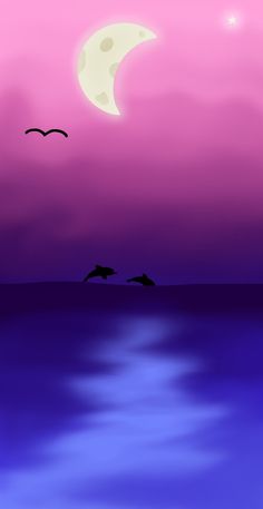 two birds flying over the ocean under a pink sky with clouds and a full moon