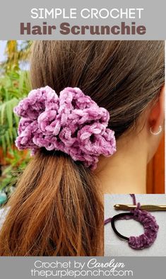 a crochet hair scrunchie is shown with the words, simple croche