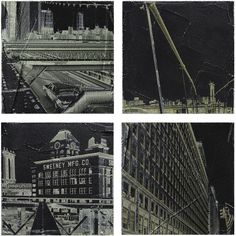 four different photographs of buildings in the night