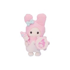 a small pink stuffed animal with a blue bow on it's head and arms