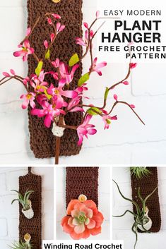 crocheted plant hanger with flowers and air plants on it, along with instructions for how to make one