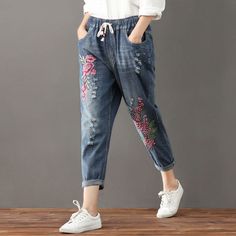 Women's Autumn Plus Size Jeans Harem Pants - Zorket Bohemian Baggy Jeans For Spring, Baggy Embroidered Pants For Spring, Casual Non-stretch Embroidered Bottoms, Baggy Embroidered Bottoms For Spring, Spring Embroidered Loose Fit Pants, Non-stretch Embroidered Casual Bottoms, Embroidered Baggy Bottoms For Spring, Spring Embroidered Baggy Pants, Spring Embroidered Baggy Bottoms