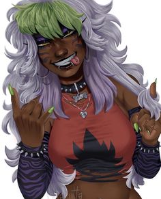 a drawing of a woman with green hair and piercings on her face, holding two fingers up in the air