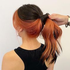 Dark Brown And Colored Hair, Copper Half And Half Hair, Half Brown Half Orange Hair, Brown Hair With Orange Peekaboo, Orange Peek A Boo Hair, Brown And Red Color Block Hair, Orange Halo Hair, Copper Hair Underneath