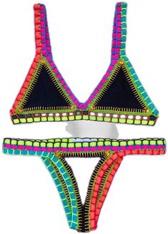 Vibrant Triangle Top Swimwear For Festivals, Handmade Multicolor Beachwear Swimwear, Handmade Multicolor Swimwear For Beach Season, Neon Beachwear For Vacation, Neon Beachwear Swimwear For Vacation, Black Neon, It Fits, Take Care, Neon