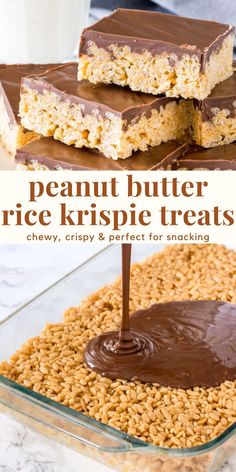 peanut butter rice krispie treats in a glass dish with chocolate frosting on top