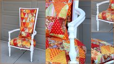 an upholstered chair with patchwork fabric on the back and seat, along with several different images of it