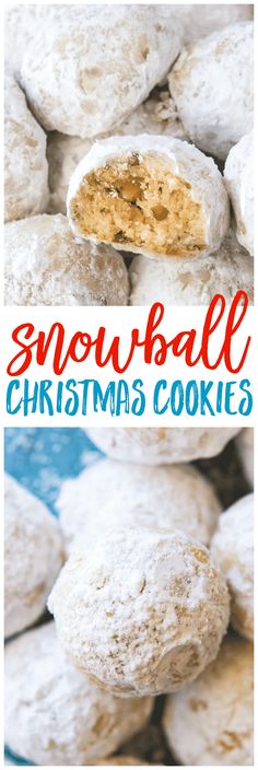 snowball christmas cookies are stacked on top of each other with the words, snowball christmas cookies