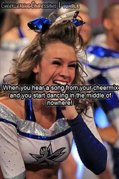 a cheerleader is smiling and holding her hand up to her face with the caption, when you hear a song from your chernix and you start dancing in the middle of nowhere