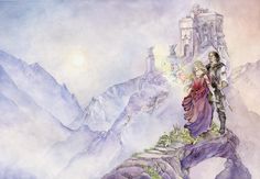 a man and woman standing on top of a mountain with a castle in the background