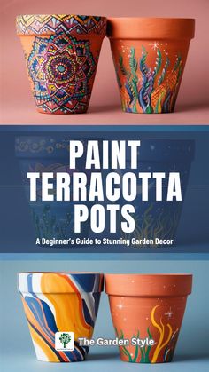 two pots with designs painted on them and the words paint terracotta pots written below