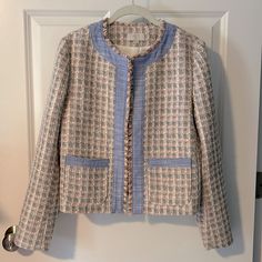 Cropped Tweed Blazer In Cream, Pink, Tan And Black With Blue Detail At Opening And Pockets. Pockets Are Functional. Worn Once, Like Brand New. Purchased At Loft Outlet Medium Petite 19.5” Across Bust Laying Flat 20.5” Length Spring Plaid Tweed Jacket With Pockets, Casual Blue Tweed Jacket For Spring, Spring Plaid Tweed Outerwear, Spring Plaid Tweed Jacket, Blue Tweed Outerwear For Spring, Blue Tweed Jacket For Spring, Blue Long Sleeve Tweed Jacket For Spring, Blue Long Sleeve Spring Tweed Jacket, Cropped Tweed Blazer