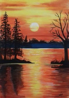 a painting of trees and water at sunset