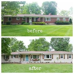 before and after pictures of a house in the yard with grass, bushes and trees