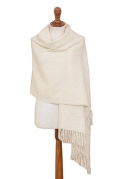 100% Alpaca Shawl in Solid Bone from Peru - Andean Delight in Bone | NOVICA Shawl For Formal Dress, After Wedding Outfit, Alpaca Clothing, Alpaca Shawl, Red Shawl, Warm Shawl, White Shawl, Black Shawl, How To Wear A Scarf