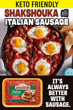 an advertisement for keto friendly shakes with italian sausage and eggs in a skillet