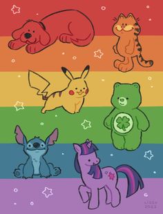 an image of four different cartoon animals in the same rainbow color scheme with stars and stripes