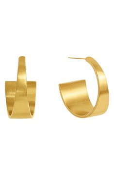 With fluid, tapered silhouettes and a gently brushed surface, these minimalist earrings have striking impact. 7/8" drop; 1/2" width 22k-gold plate Imported Modern Hammered Hoop Earrings For Formal Events, Modern Hammered Hoop Earrings For Formal Occasions, Modern Gold Wrap Earrings For Formal Occasions, Modern Gold Jewelry With Matte Finish, Modern Yellow Gold Wrap Earrings, Modern Matte Finish Gold Jewelry, Modern Gold Hammered Hoop Earrings, Modern Brass Wrap Earrings, Modern Brass Huggie Earrings