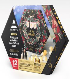 a black and white box that has some decorations on it with the words fine art calendar