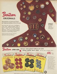 an advertisement for button company with buttons on the front and back of its adverts