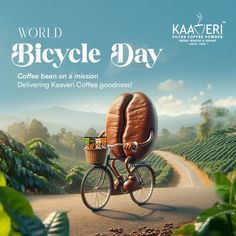 a poster for the world bicycle day featuring a coffee bean on a mission delivering kawaii coffee goodness