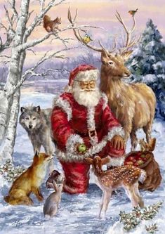 a painting of santa claus surrounded by animals