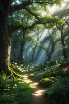 a path in the middle of a forest with sunbeams shining through trees and grass