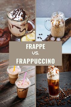 the collage shows different types of frappe and frappuccino drinks in glass cups