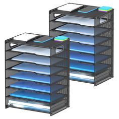 two black file cabinets filled with files and folders