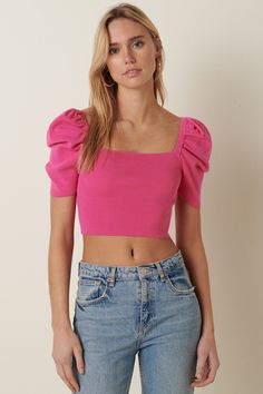 Trendy Solid Color Puff Sleeve Crop Top, Trendy Puff Sleeve Crop Top, Trendy Long Sleeve Puff Sleeve Top, Pink Stretch Puff Sleeve Top, Trendy Solid Color Puff Sleeve Short Top, Trendy Solid Color Puff Sleeve Top, Trendy Pink Crop Top With Square Neck, Trendy Fitted Puff Sleeve Top, Trendy Puff Sleeve Top With Square Neck