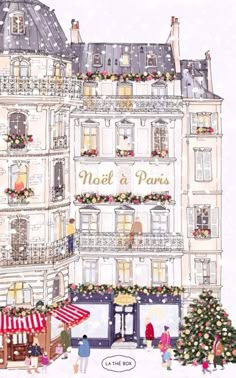 a drawing of a building with christmas decorations on the windows and people walking around it