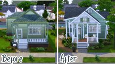 the before and after pictures of a small house with porches on both sides of it