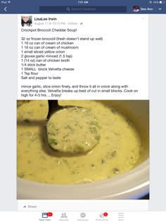 a facebook post with a bowl of soup on it