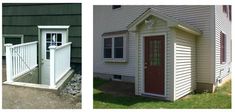 two pictures side by side of a small house and the same one with a red door