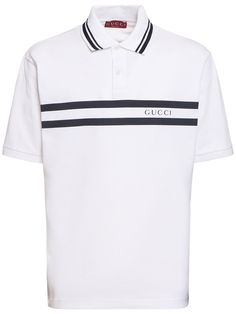 Front half button placket. Front logo detail. Model is wearing a sizeM Classic Polo Shirt With Signature Stripes, Classic Collared Polo Shirt With Signature Stripes, Gucci Cotton Polo Shirt, Gucci Cotton Polo Collar Top, Gucci Casual Collared Polo Shirt, Casual Gucci Polo Shirt, Casual Gucci Collared Polo Shirt, Classic Collared Polo Shirt With Logo, Gucci Cotton Collared Top