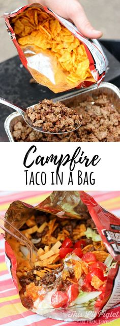 two pictures showing different types of taco in a bag, with text overlay reading campfire taco in a bag