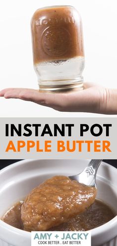 an apple butter is being spooned into a bowl with the text instant pot apple butter