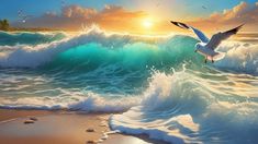 a painting of seagulls flying over an ocean wave at sunset with the sun in the background