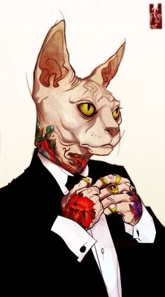 a drawing of a cat in a tuxedo with tattoos on his arm and chest